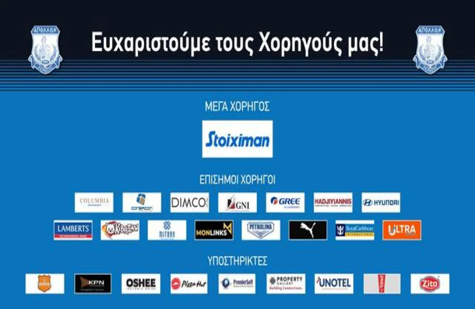 Ο πρωταθλητής Απόλλωνας ευχαριστεί τους χορηγούς του