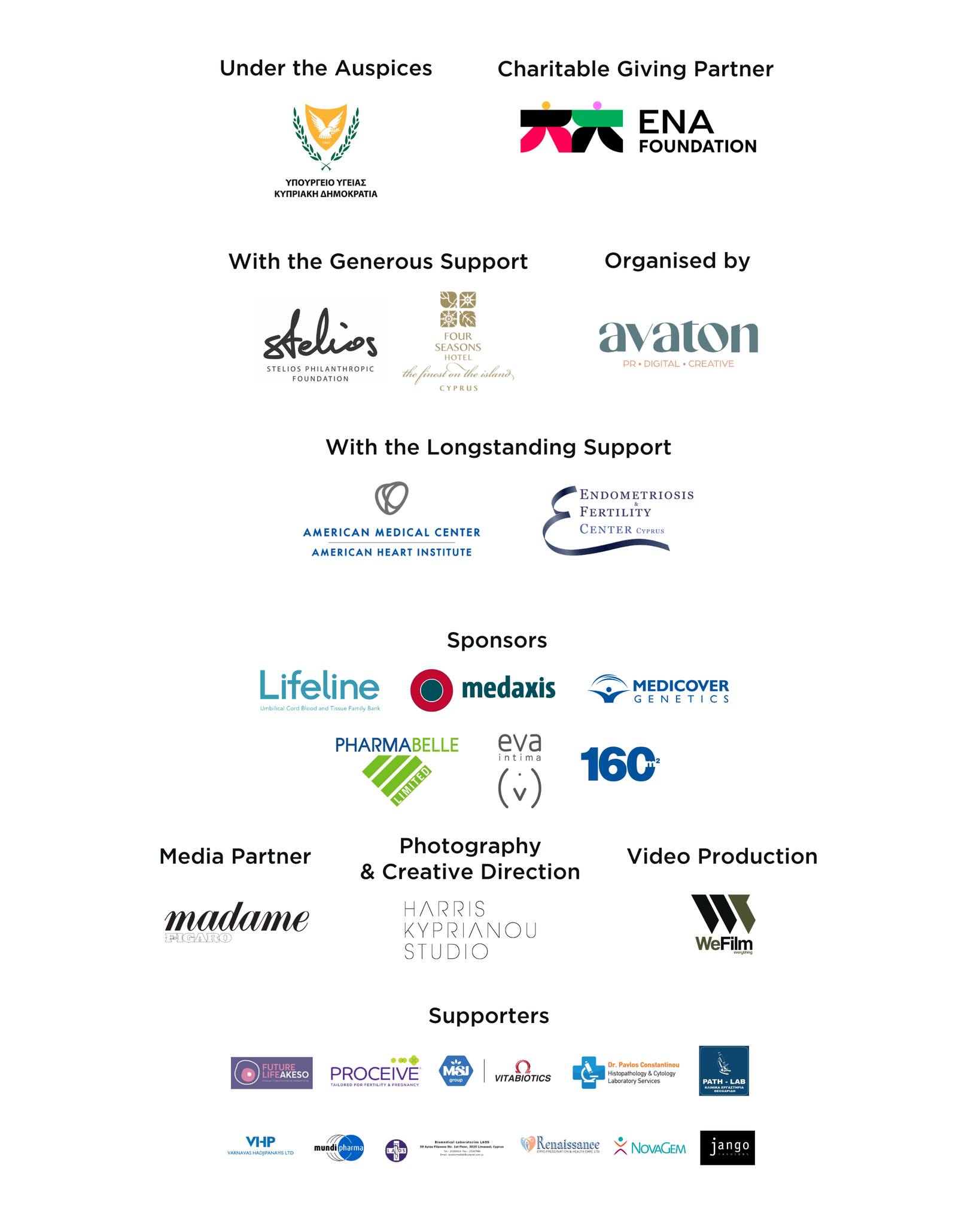 May be an image of map and text that says "Under the Auspices Charitable Giving Partner ሰጠትዱስበማይትርቶየታበ ENA FOUNDATION With the Generous Support Organised by 電業 認尚 SEASONS SERSONS stelios CTPEuy avaton E ETAEC•LS With the Longstanding Support AMERICAN MEDICAL CENTER AMERICAN HEART INSTITUTE ENDOMETRIOSIS FERTILITY 一者料 Sponsors Lifeline panran petrGRFidaont+n medaxis MEDICOVER GENETICS PHARMABELLE eva (۷) 160 Media Partner Photography & Creative Direction madame RISS Video Production HARRIS AVPRIANOU STUDIO WeFilm Supporters PROCEIVE WTARUICS VHP neKcwaйcawe NOVeGEM jango"