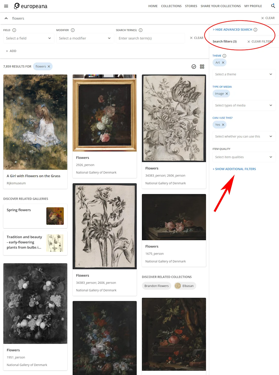 screenshot of europeana.eu with search filters highlighted with red circle and arrow.